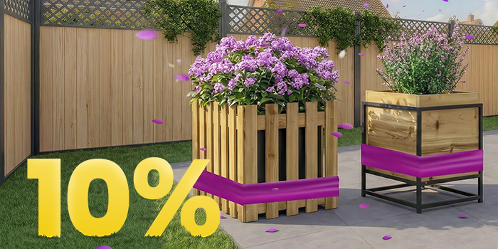 Outdoor banner showing two wooden garden planters filled with purple flowers, with a large yellow ‘10%’ discount text in the corner. Click to see the products in the collection.