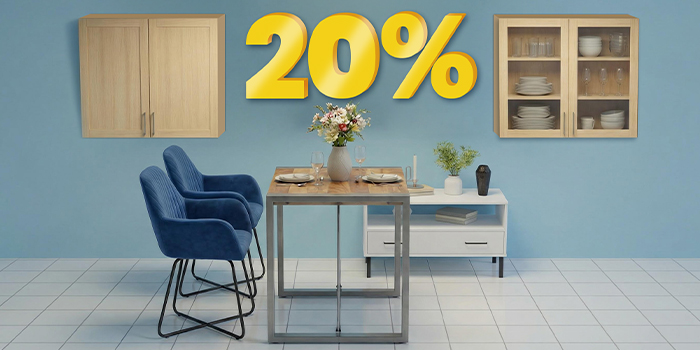Dining set scene with chairs, table, and cabinets, highlighting buy 2 items and get 20% off. Click to see the items in promotion.