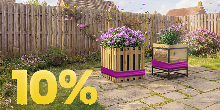 Outdoor banner showing two wooden garden planters filled with purple flowers, with a large yellow ‘10%’ discount text in the corner. Click to see the products in the collection.