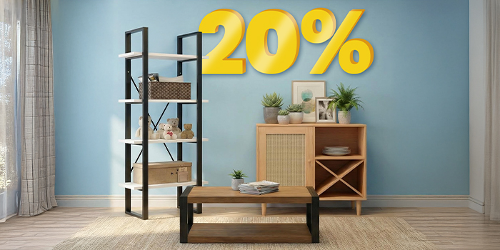Indoor scene showing storage cabinets and shelves, highlighting buy 2 items and get 20% off.