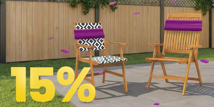 Outdoor wooden patio table and chair with purple sale bands displayed on a sunny terrace, featuring a prominent 15% discount message. Click to see the products in the collection.