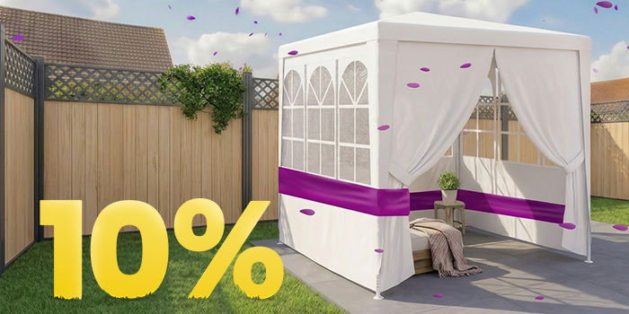 Outdoor banner featuring a white garden gazebo with sheer curtains and a purple accent band, with a large yellow ‘10%’ discount text in the corner. Click to see the products in the collection.