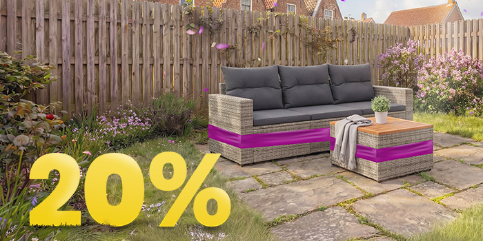 Outdoor banner displaying a rattan garden sofa and matching table with a purple accent band, and a large yellow ‘20%’ discount text in the corner. Click to see the products in the collection.