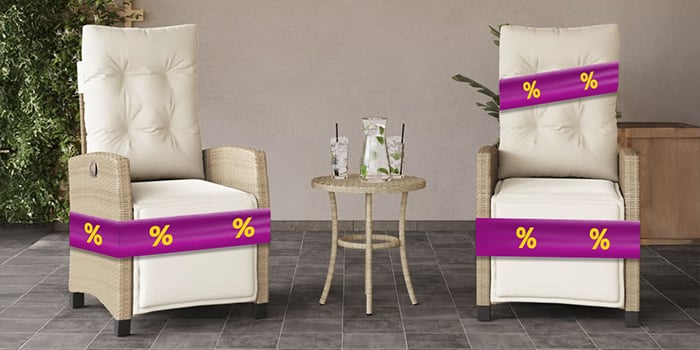 Beige double sun lounger with canopy by the pool, wrapped in purple band with yellow discount icons.