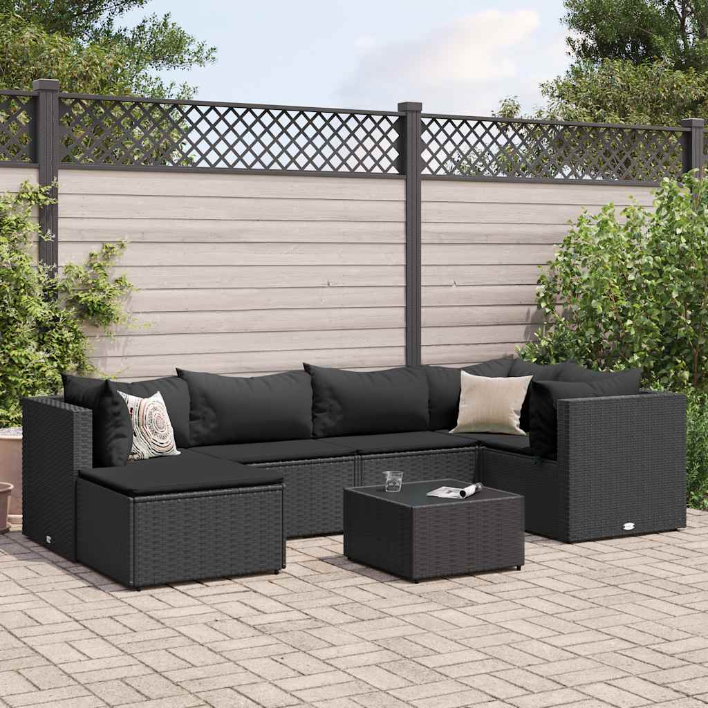 vidaXL 7 Piece Garden Lounge Set with Cushions Black Poly Rattan