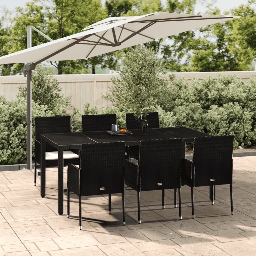 vidaXL 7 Piece Garden Dining Set with Cushions Black Poly Rattan