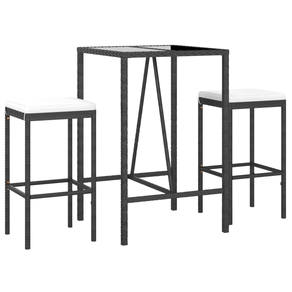 vidaXL 3 Piece Garden Bar Set with Cushions Black Poly Rattan