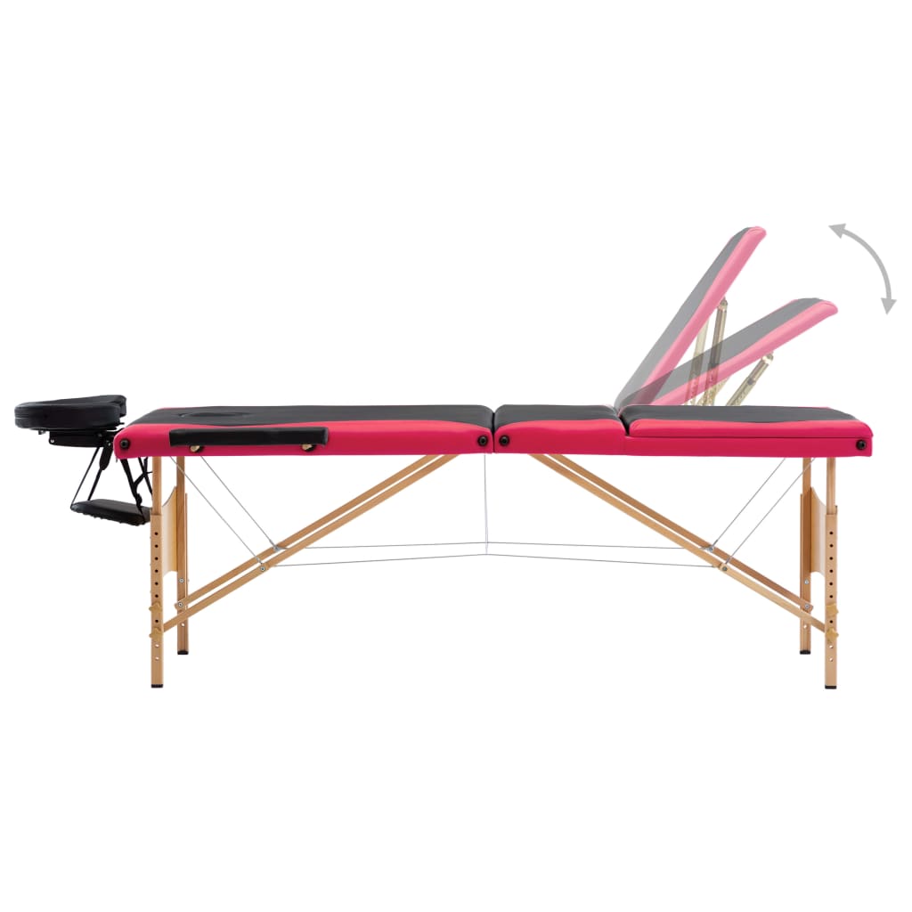 vidaXL Foldable Massage Table 3 Zones Wood Black and Pink