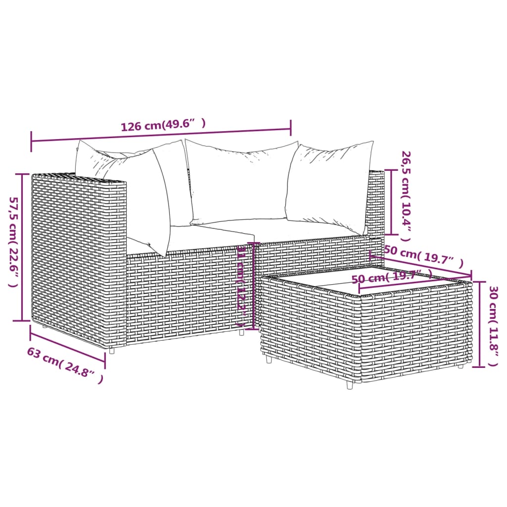 vidaXL 3 Piece Garden Lounge Set with Cushions Brown Poly Rattan