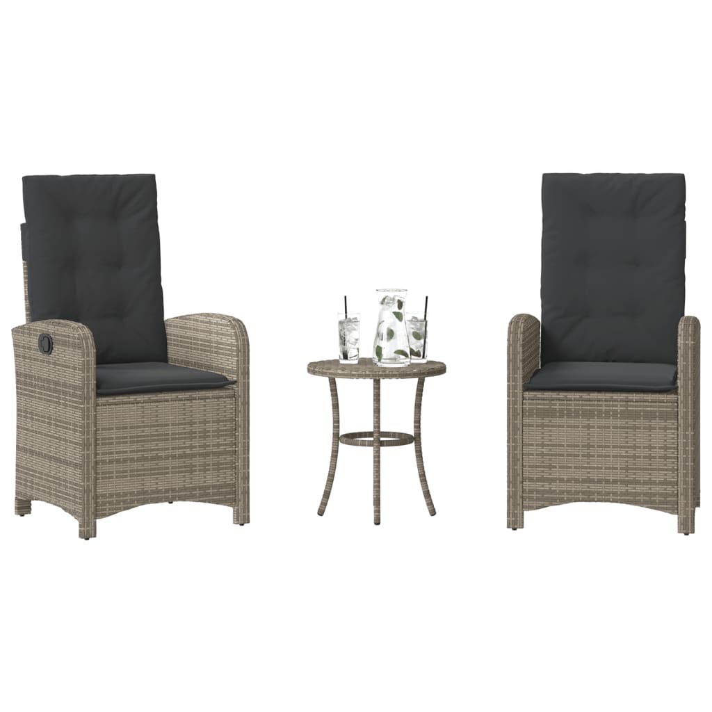 vidaXL 3 Piece Bistro Set with Cushions Grey Poly Rattan