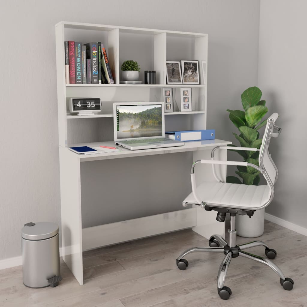 vidaXL Desk with Shelf High Gloss White 110x45x157 cm Engineered Wood