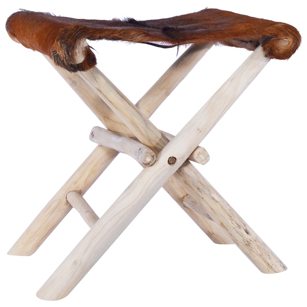 vidaXL Folding Stool Real Leather and Solid Teak Wood