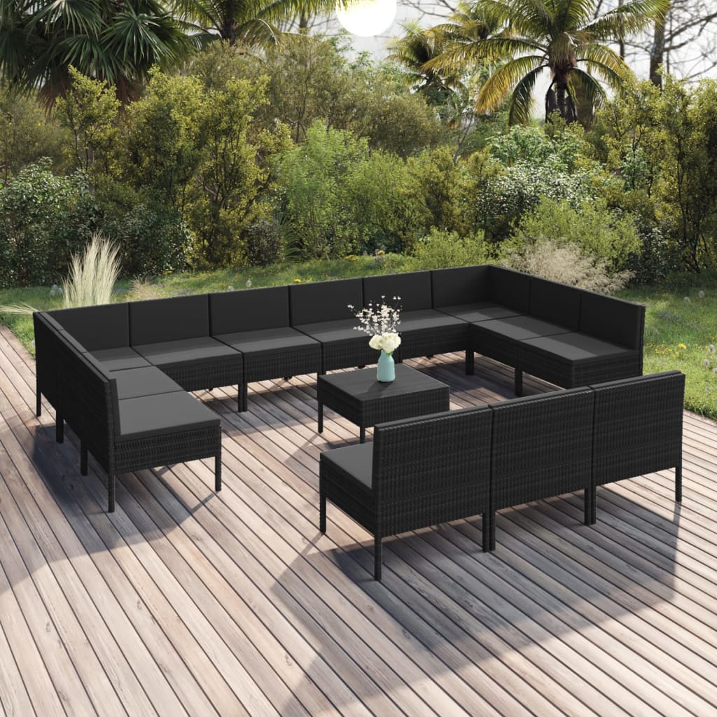 vidaXL 14 Piece Garden Lounge Set with Cushions Poly Rattan Black