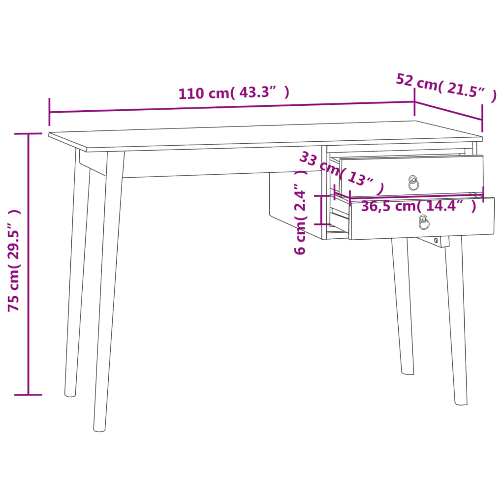 vidaXL Desk with 2 Drawers 110x52x75 cm Solid Wood Teak