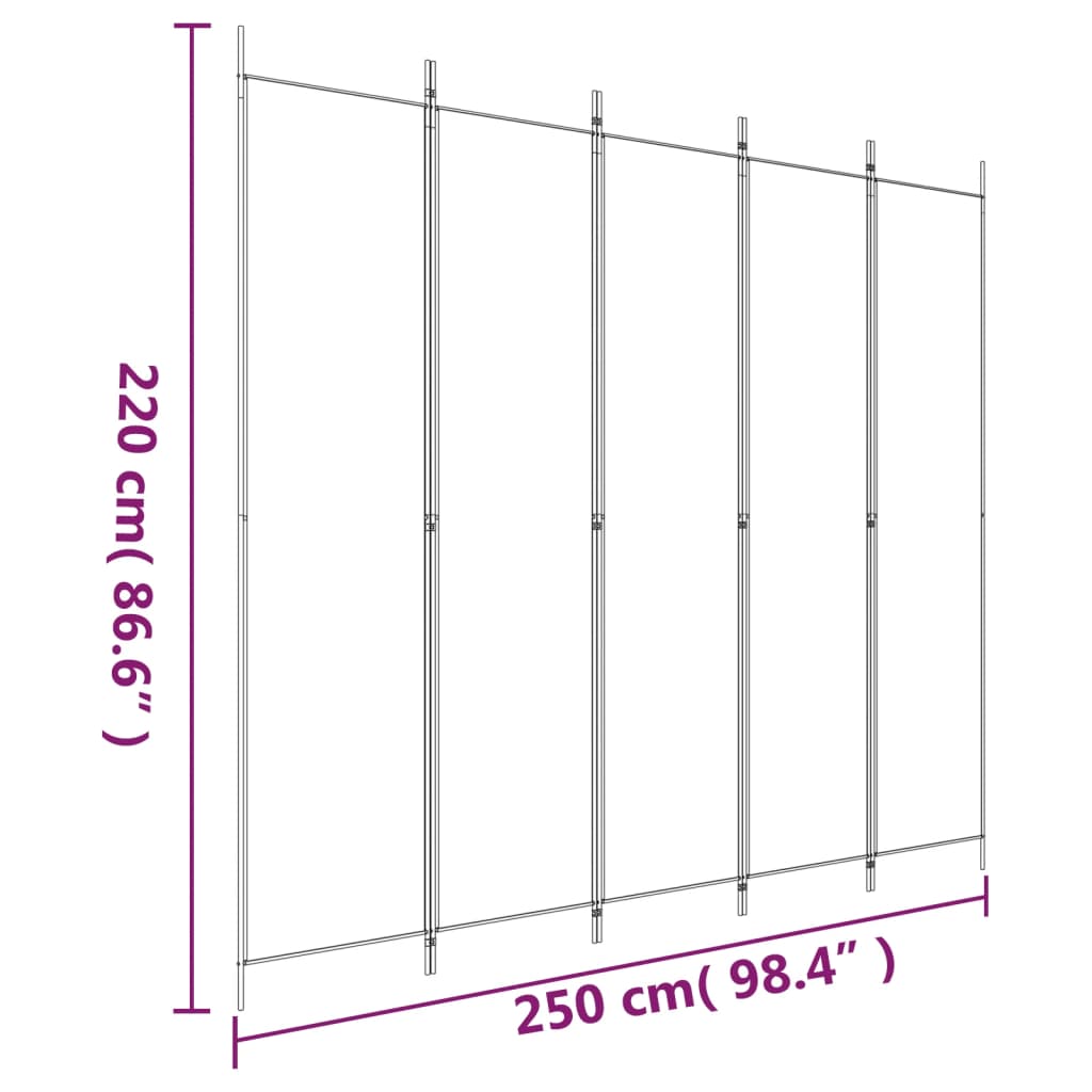 vidaXL 5-Panel Room Divider White 250x220 cm Fabric