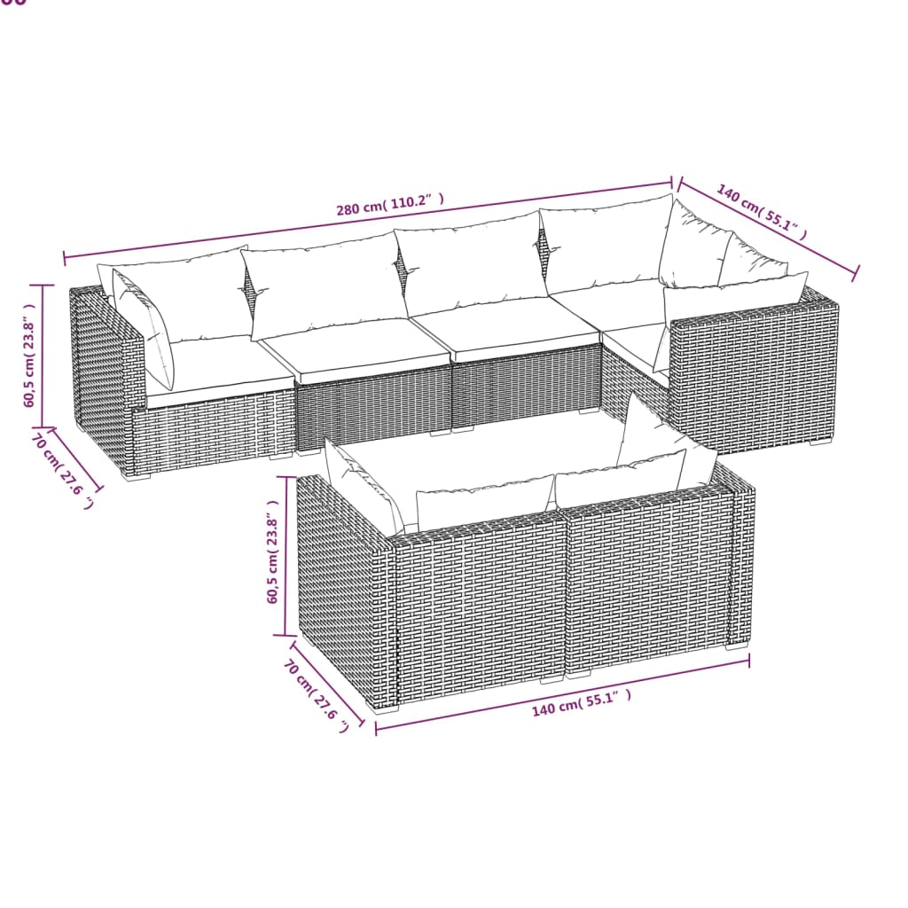 vidaXL 7 Piece Garden Lounge Set with Cushions Black Poly Rattan