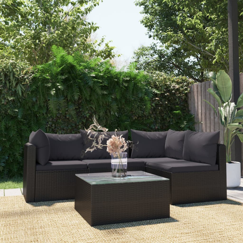 vidaXL 5 Piece Garden Lounge Set with Cushions Poly Rattan Black