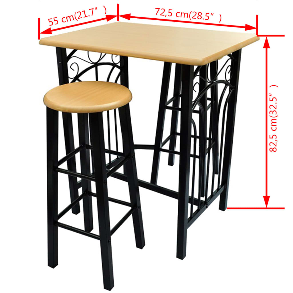 vidaXL Bar Table and Stool Set 3 Pieces Wood and Steel