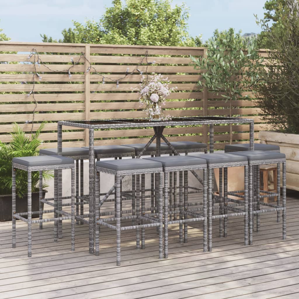 vidaXL 11 Piece Garden Bar Set with Cushions Grey Poly Rattan