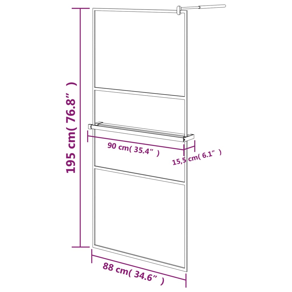 vidaXL Walk-in Shower Wall with Shelf Black 90x195 cm ESG Glass&Aluminium