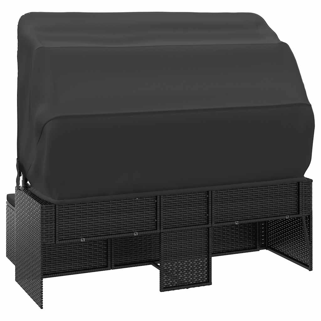 vidaXL 3-Seater Garden Sofa with Roof and Footstool Black Poly Rattan