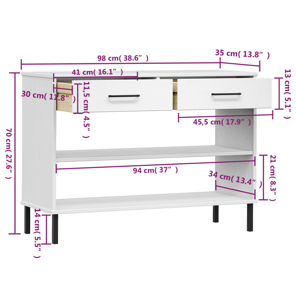 vidaXL Console Cabinet with Metal Legs White Solid Wood Pine OSLO