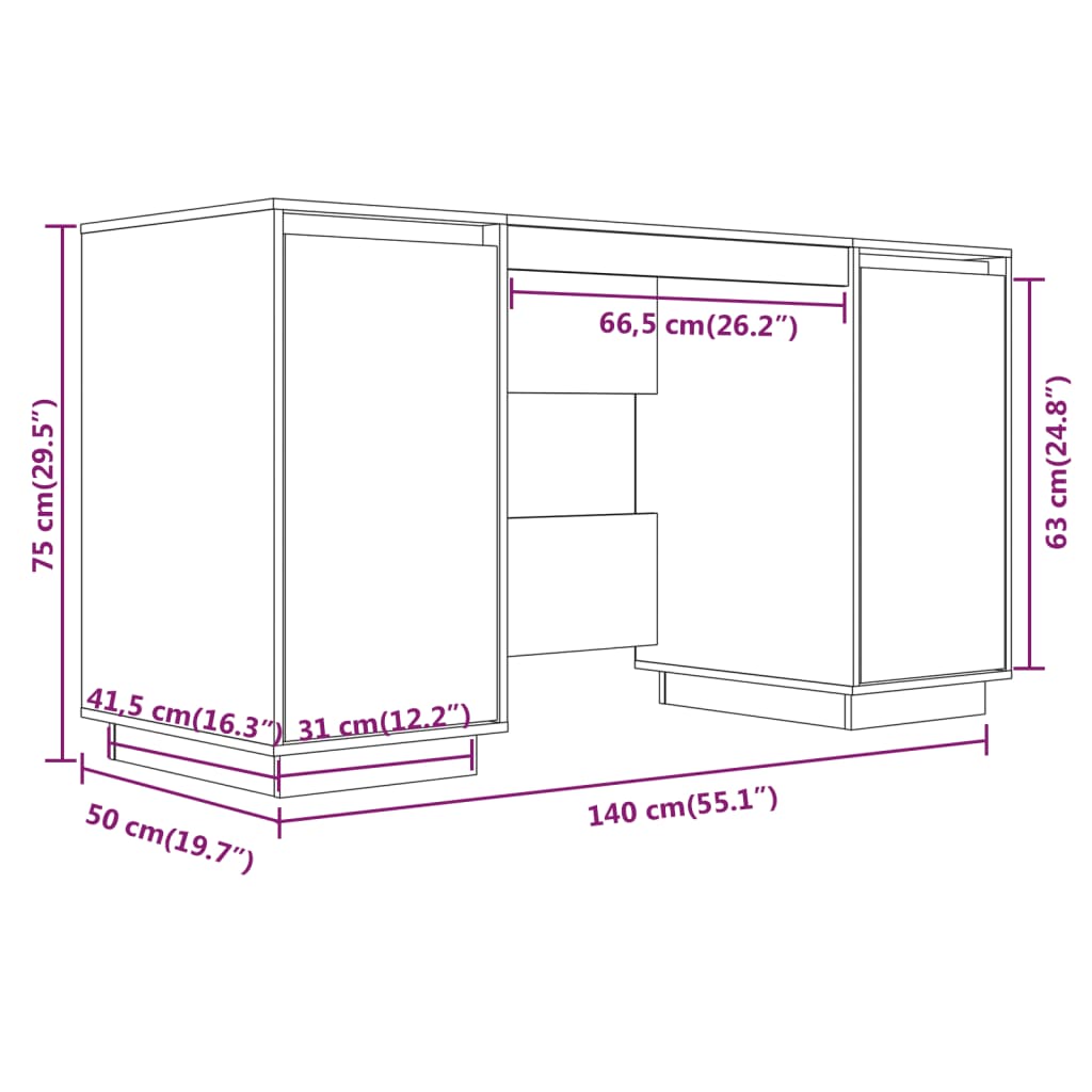 vidaXL Desk Black 140x50x75 cm Solid Wood Pine