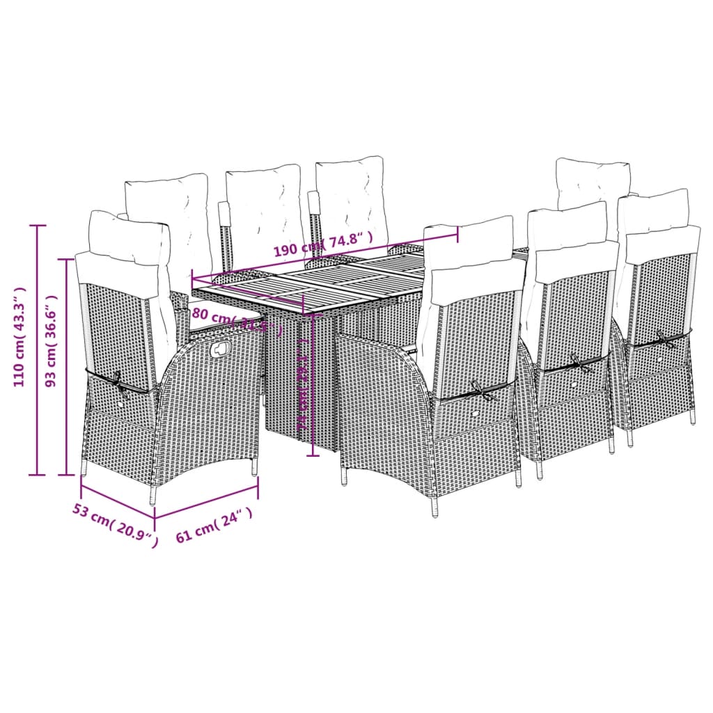 vidaXL 9 Piece Garden Dining Set with Cushions Grey Poly Rattan