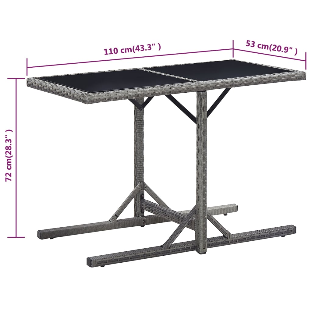 vidaXL Garden Table Anthracite 110x53x72 cm Glass and Poly Rattan