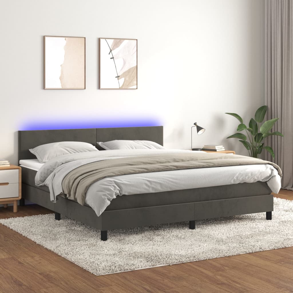 vidaXL Box Spring Bed with Mattress&LED Dark Grey Queen Velvet
