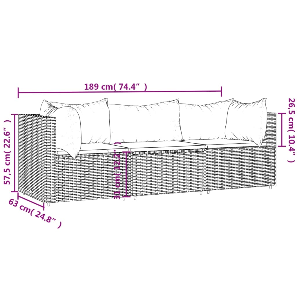 vidaXL 3 Piece Garden Lounge Set with Cushions Grey Poly Rattan