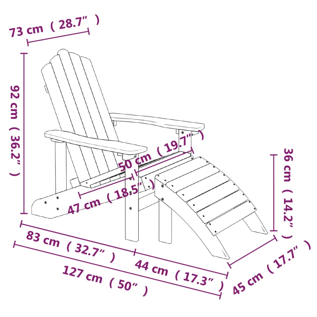 vidaXL Garden Adirondack Chair with Footstool & Table HDPE White