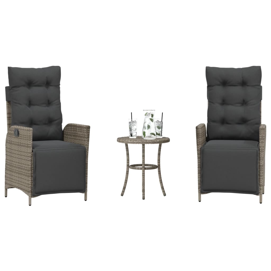 vidaXL 3 Piece Bistro Set with Cushions Grey Poly Rattan