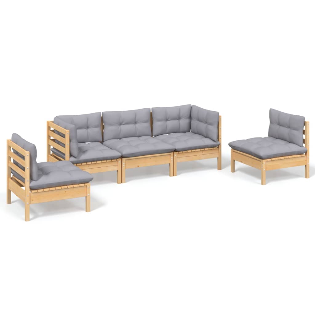 vidaXL 5 Piece Garden Lounge Set with Grey Cushions Solid Pinewood