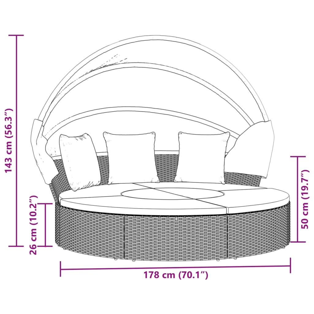 vidaXL Outdoor Lounge Bed with Canopy and Cushions Grey Poly Rattan