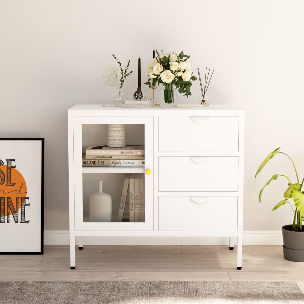 vidaXL Sideboard White 75x35x70 cm Steel and Tempered Glass