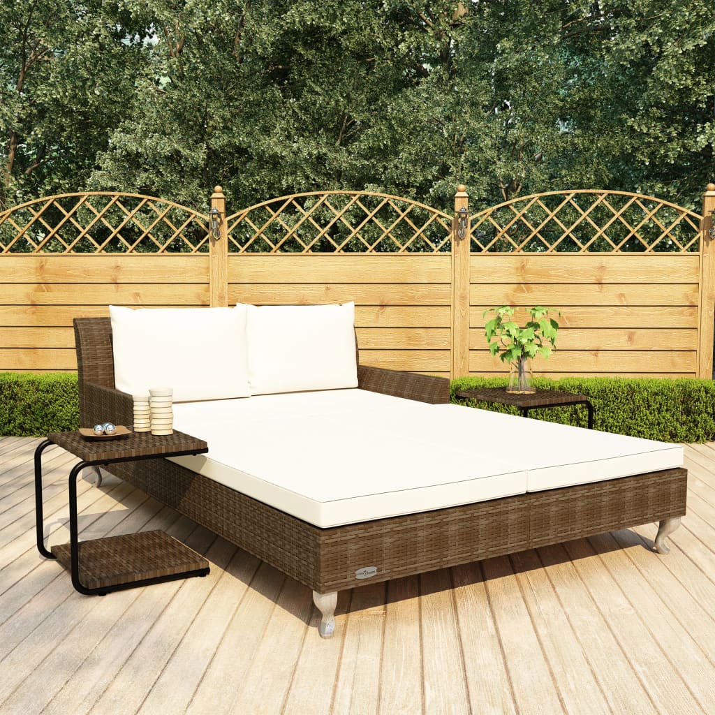 vidaXL 2-Person Garden Sun Bed with Cushions Poly Rattan Brown