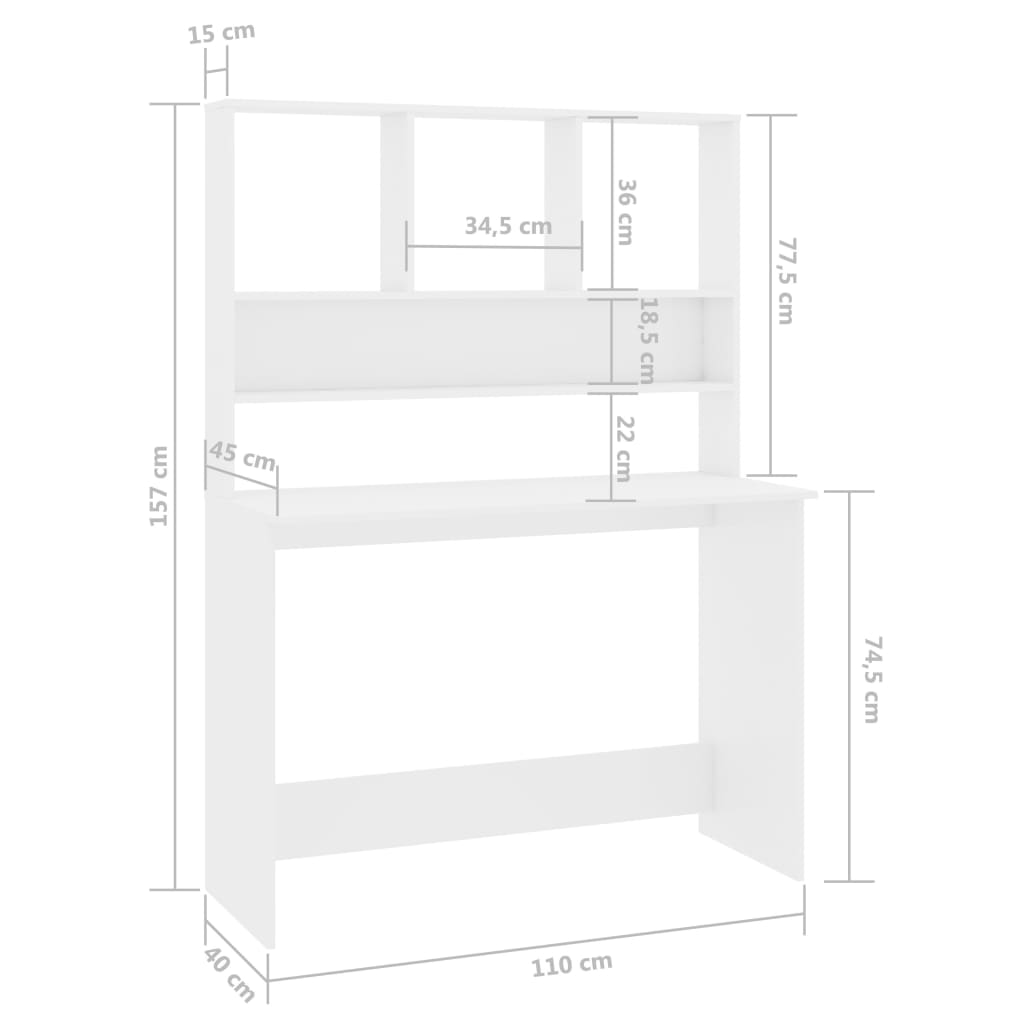 vidaXL Desk with Shelf High Gloss White 110x45x157 cm Engineered Wood