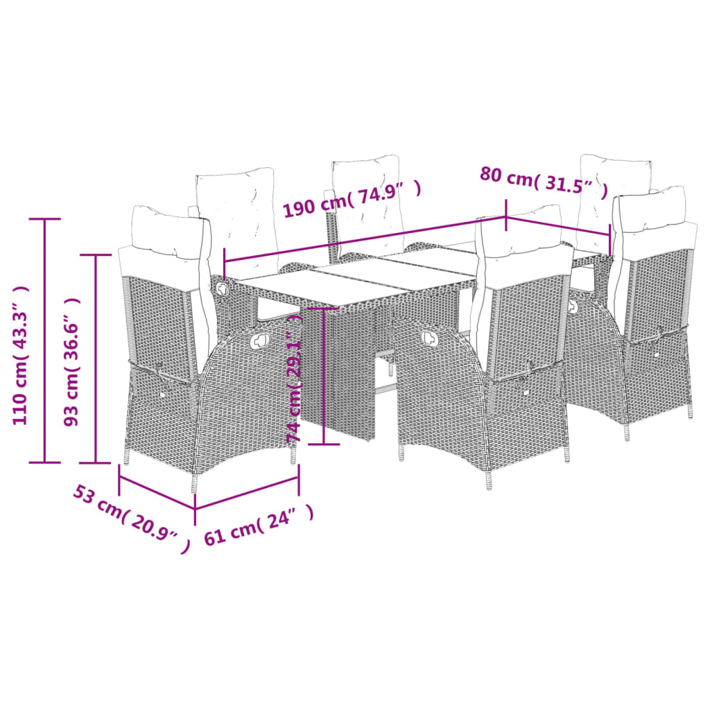 vidaXL 7 Piece Garden Dining Set with Cushions Grey Poly Rattan