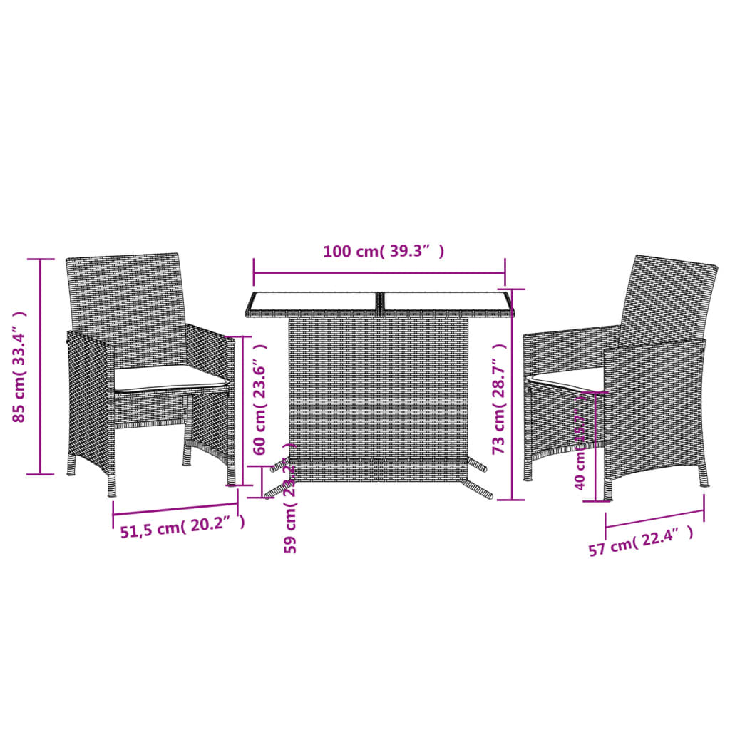 vidaXL 3 Piece Bistro Set with Cushions Grey Poly Rattan