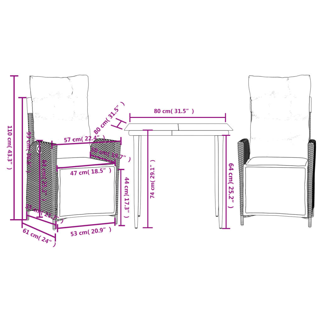 vidaXL 3 Piece Garden Dining Set with Cushions Brown Poly Rattan