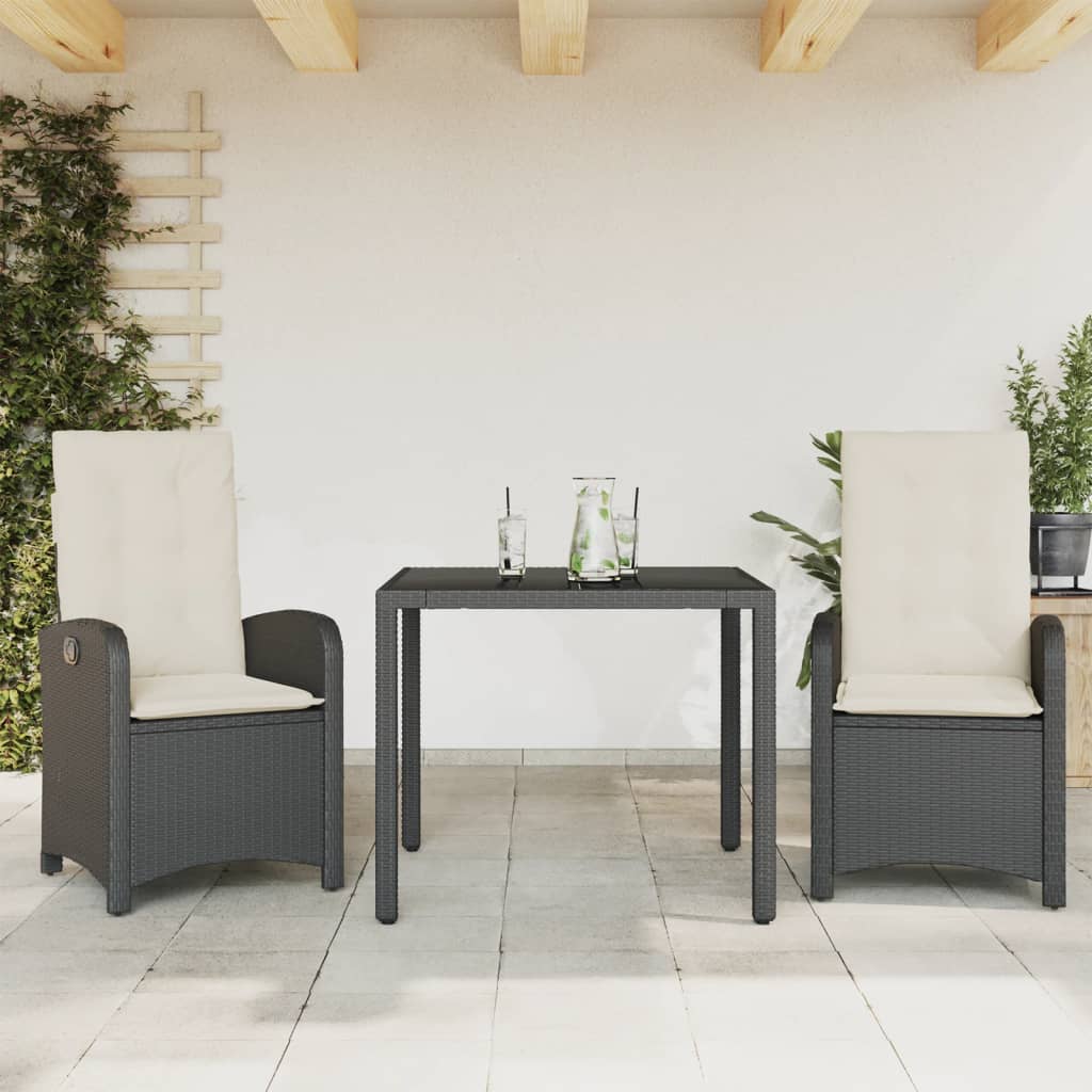 vidaXL 3 Piece Garden Dining Set with Cushions Black Poly Rattan