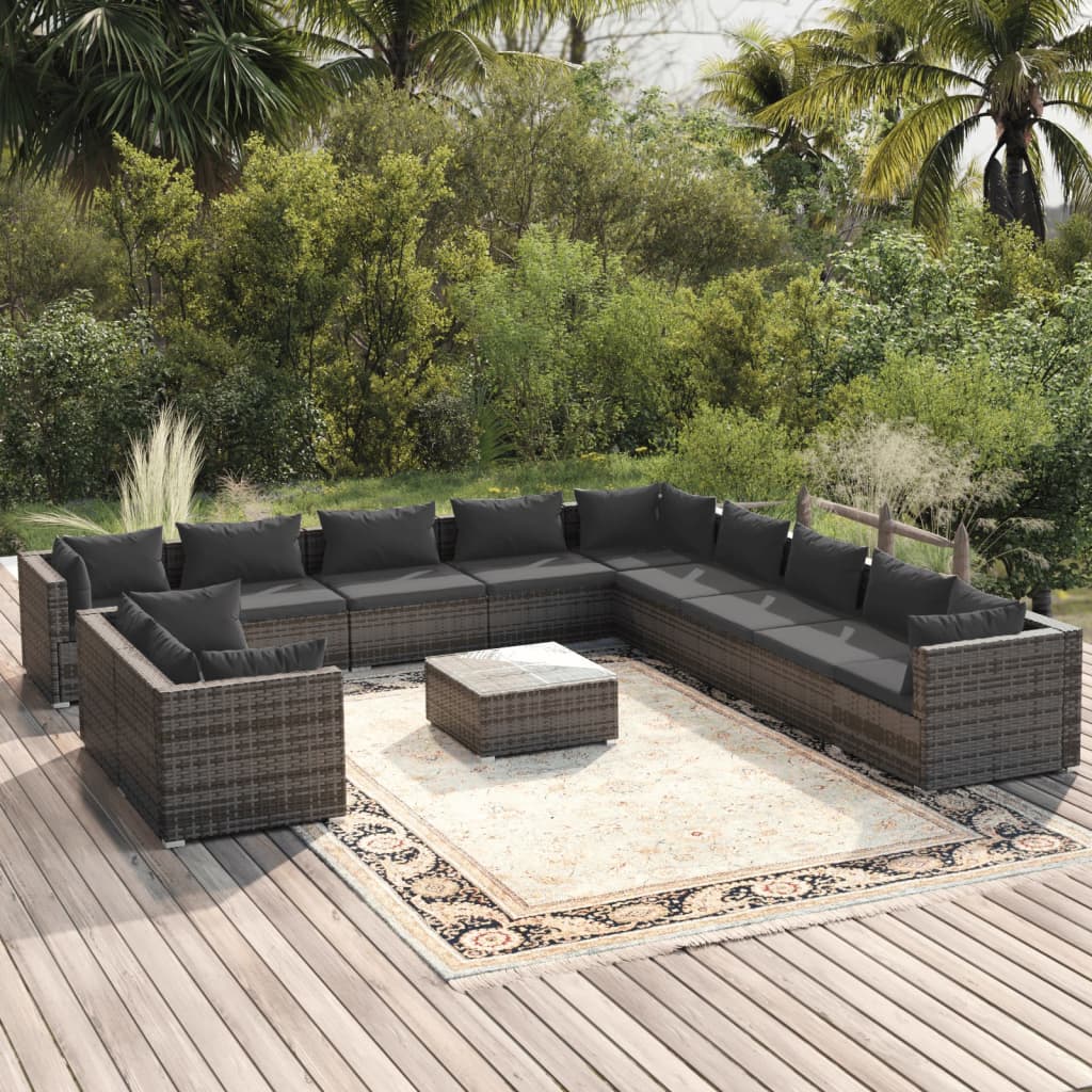 vidaXL 12 Piece Garden Lounge Set with Cushions Grey Poly Rattan