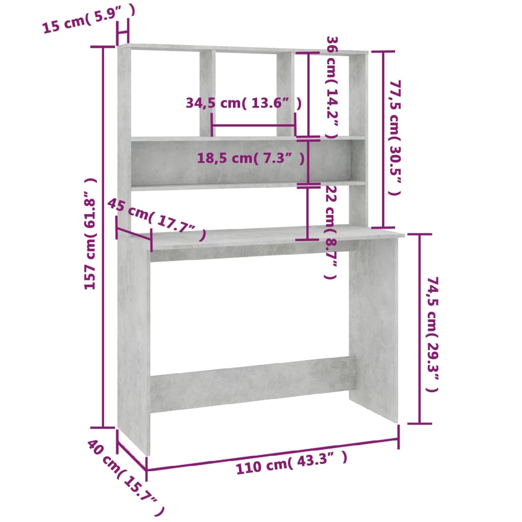 vidaXL Desk with Shelf Concrete Grey 110x45x157 cm Engineered Wood