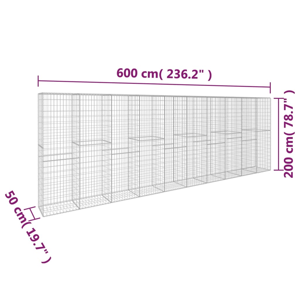 vidaXL Gabion Wall with Cover Galvanised Steel 600x50x200 cm