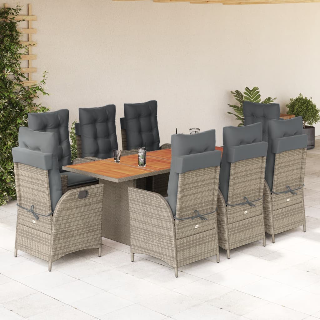 vidaXL 9 Piece Garden Dining Set with Cushions Grey Poly Rattan