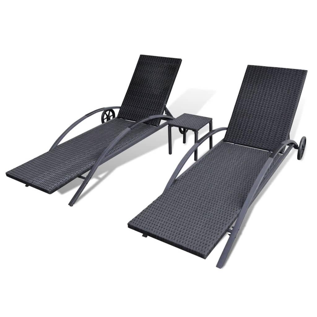 vidaXL Sun Loungers with Table Poly Rattan Black