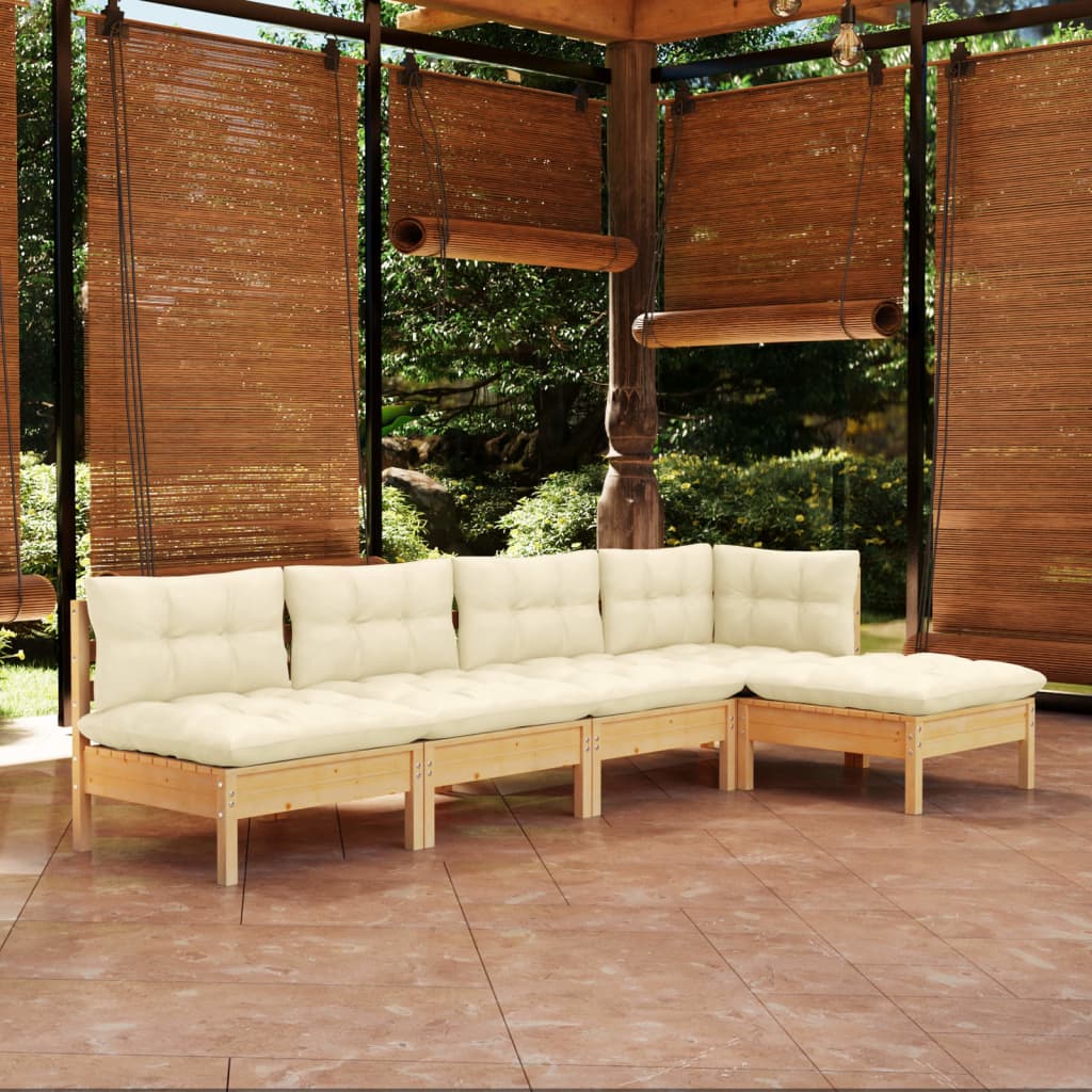 vidaXL 5 Piece Garden Lounge Set with Cream Cushions Pinewood