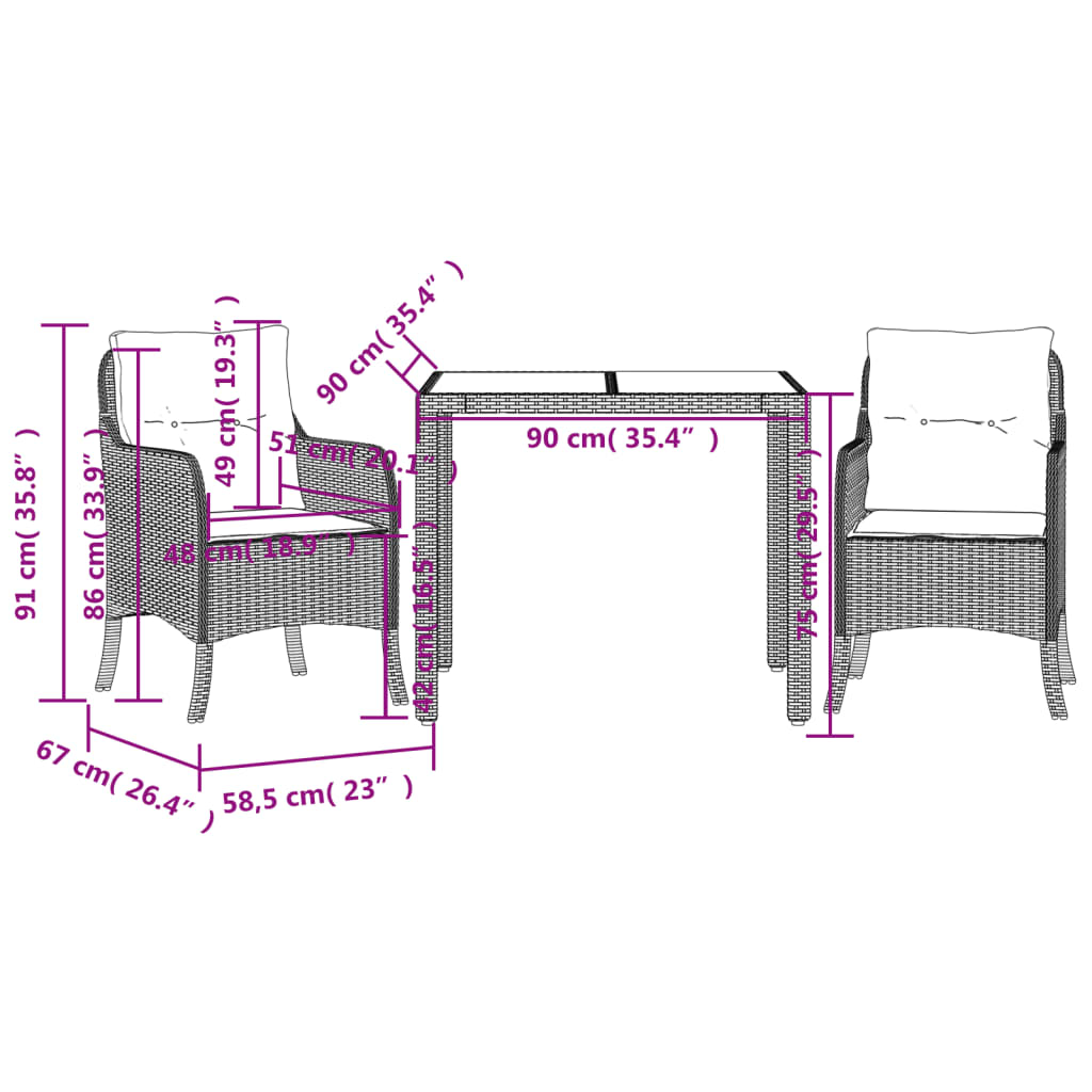 vidaXL 3 Piece Garden Dining Set with Cushions Black Poly Rattan