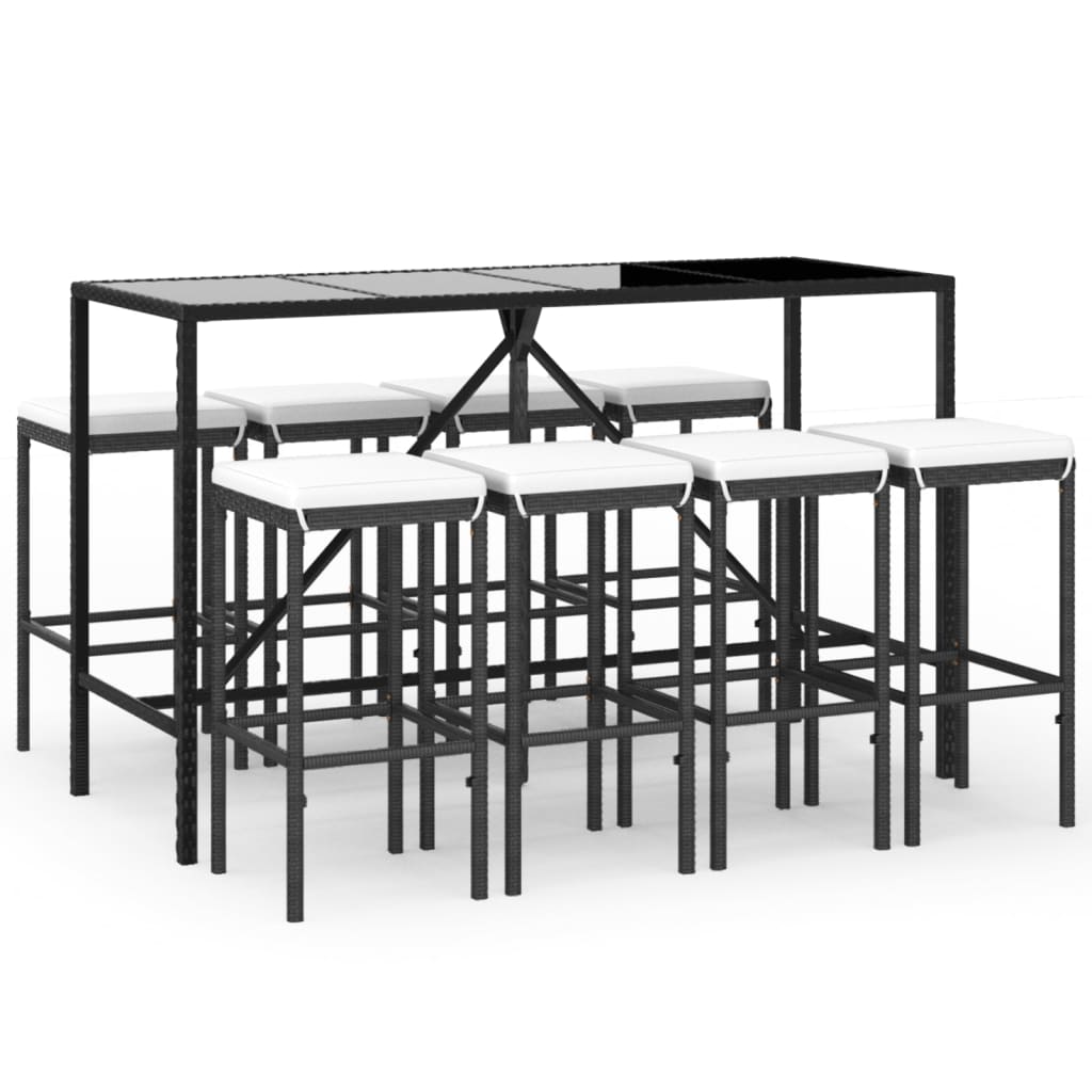 vidaXL 9 Piece Garden Bar Set with Cushions Black Poly Rattan